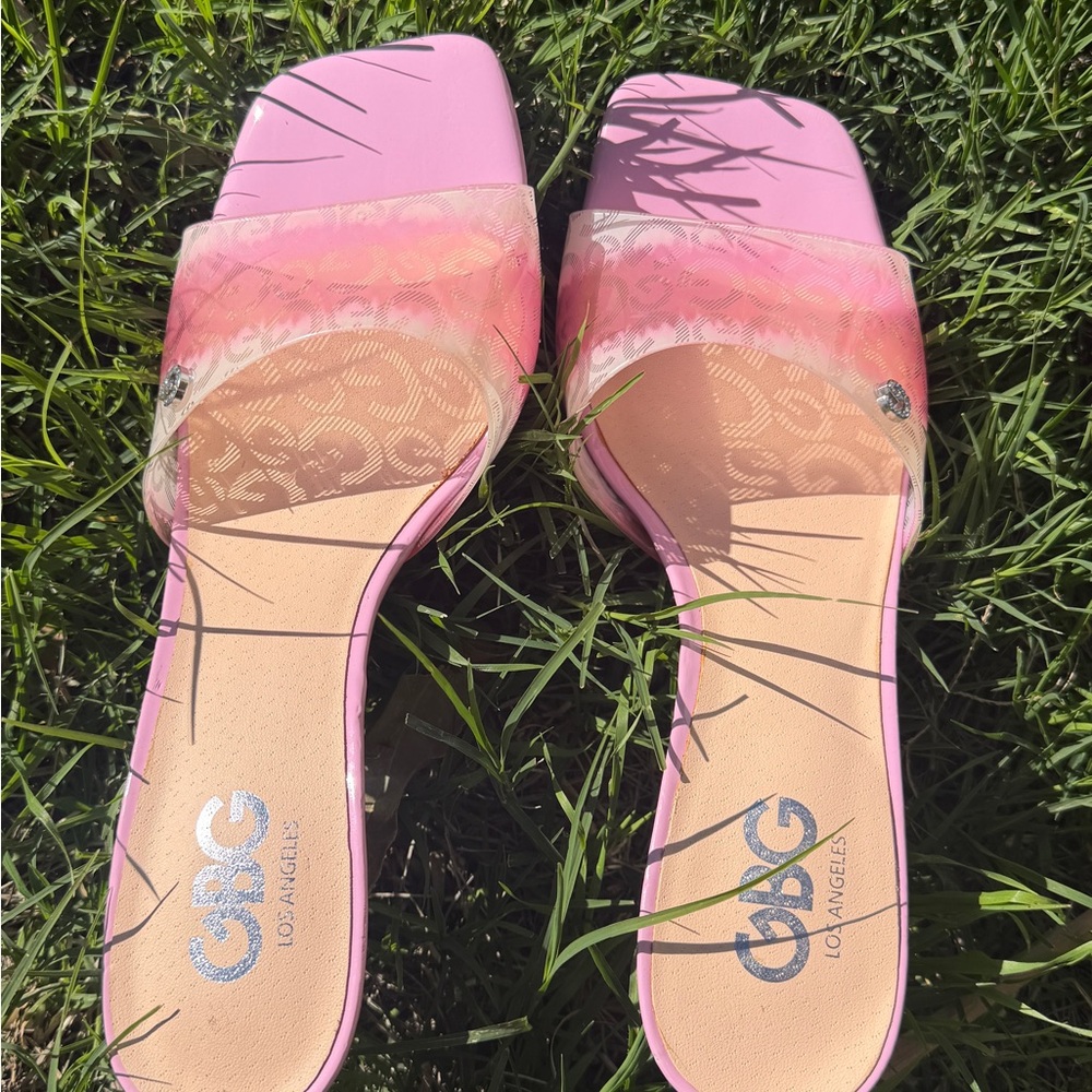 GBG Los Angeles Pink and Cream Slide Sandals
